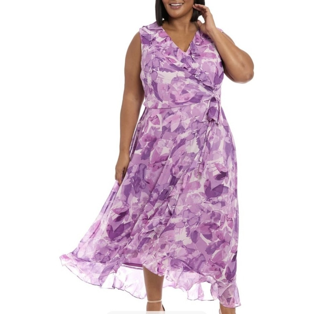NWT Women's Ruffle Detail V-Neck Wrap Midi Asym Hem Dress, Ivory/Lilac, 8 Petite